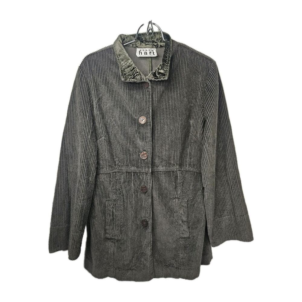 Keren Hart Peplum Corduroy Jacket Womens Small Cotton Vintage Green Mac Coat